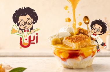 Professional advertising photography for Zain Juice and dessert bowl with luxury styling.